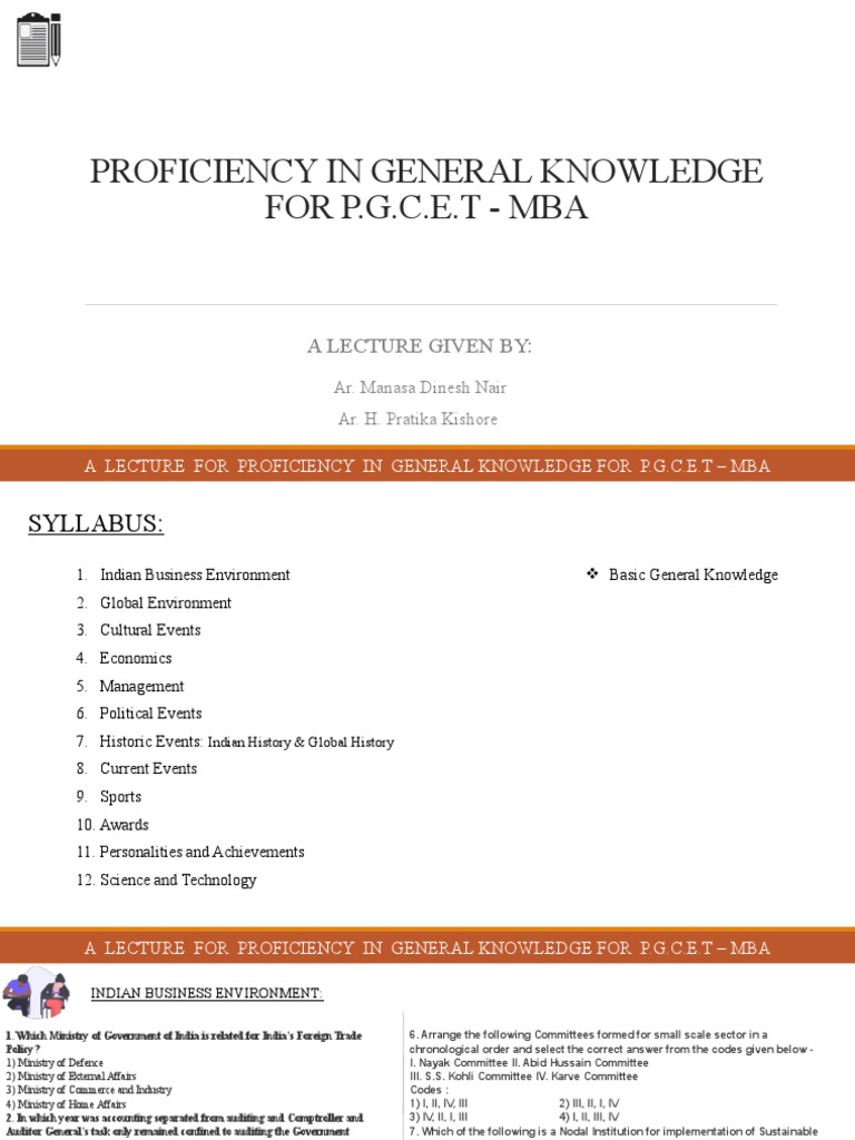 Proficiency in General Knowledge For P.G.C.E.T - Mba: A Lecture Given ...