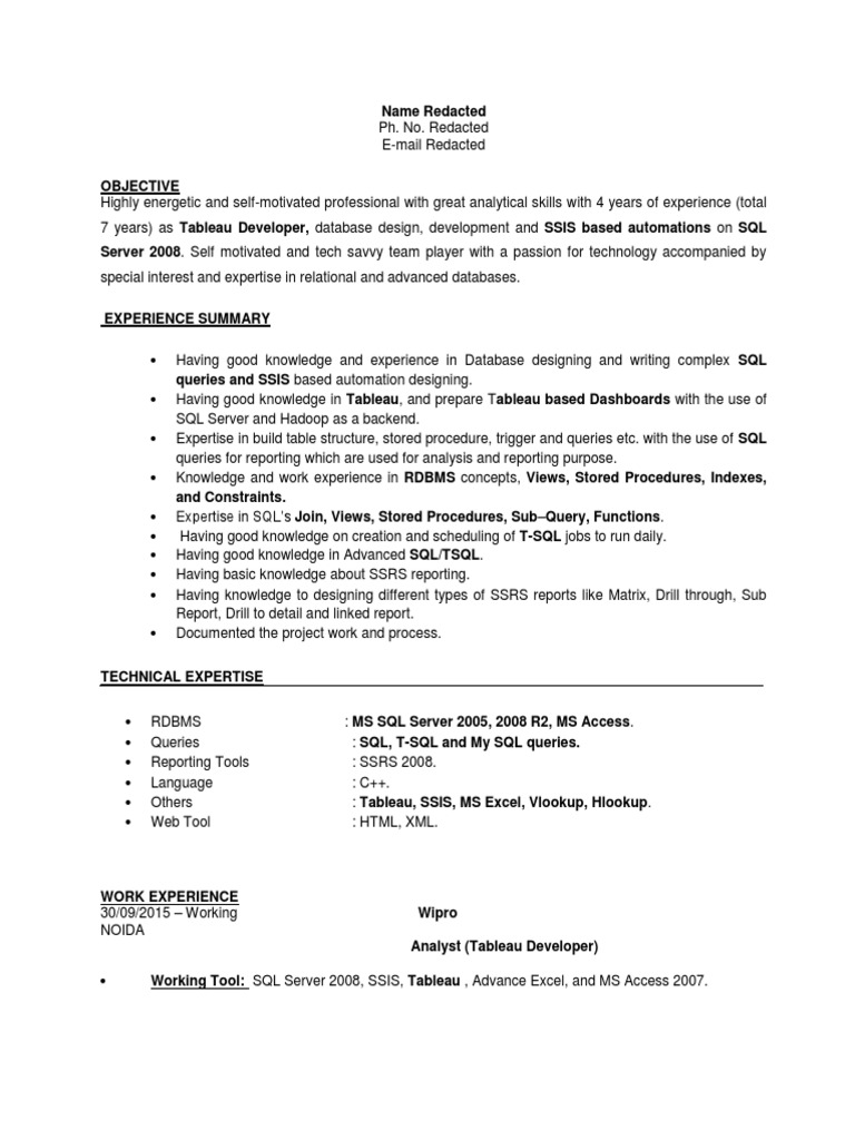 Sample resume 11 r2 ms access t sql sql ssrs c tableau ssis