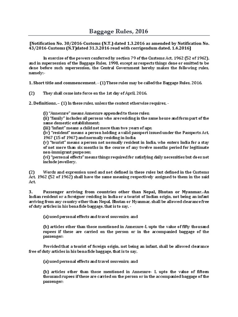 Guide To Indian Customs Baggage Rules Published in 2016 PDF