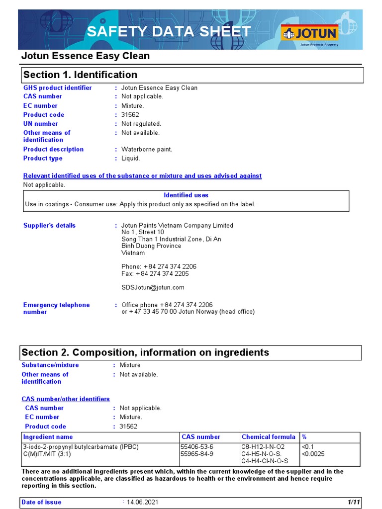 Safety Data Sheet for Jotun Essence Easy Clean Waterborne Paint PDF Waste Toxicity