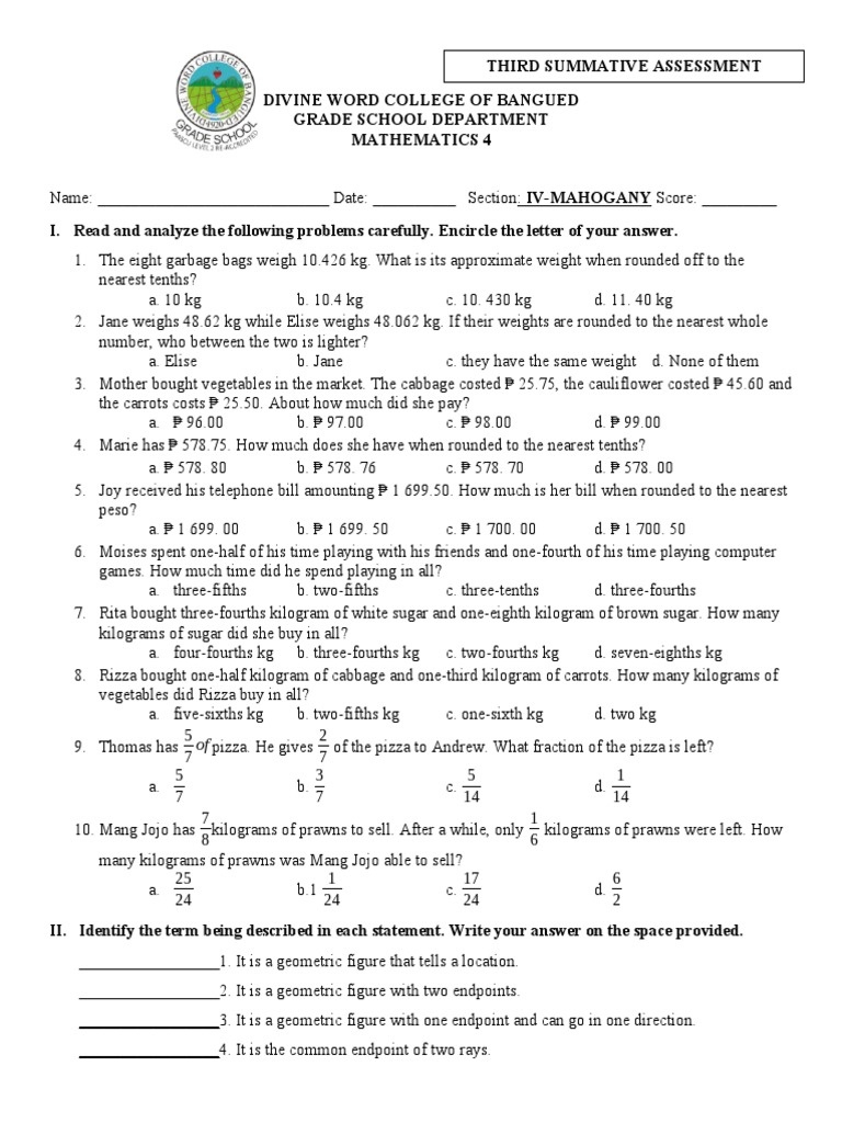 3Q Math 4 Summative Assessment | PDF