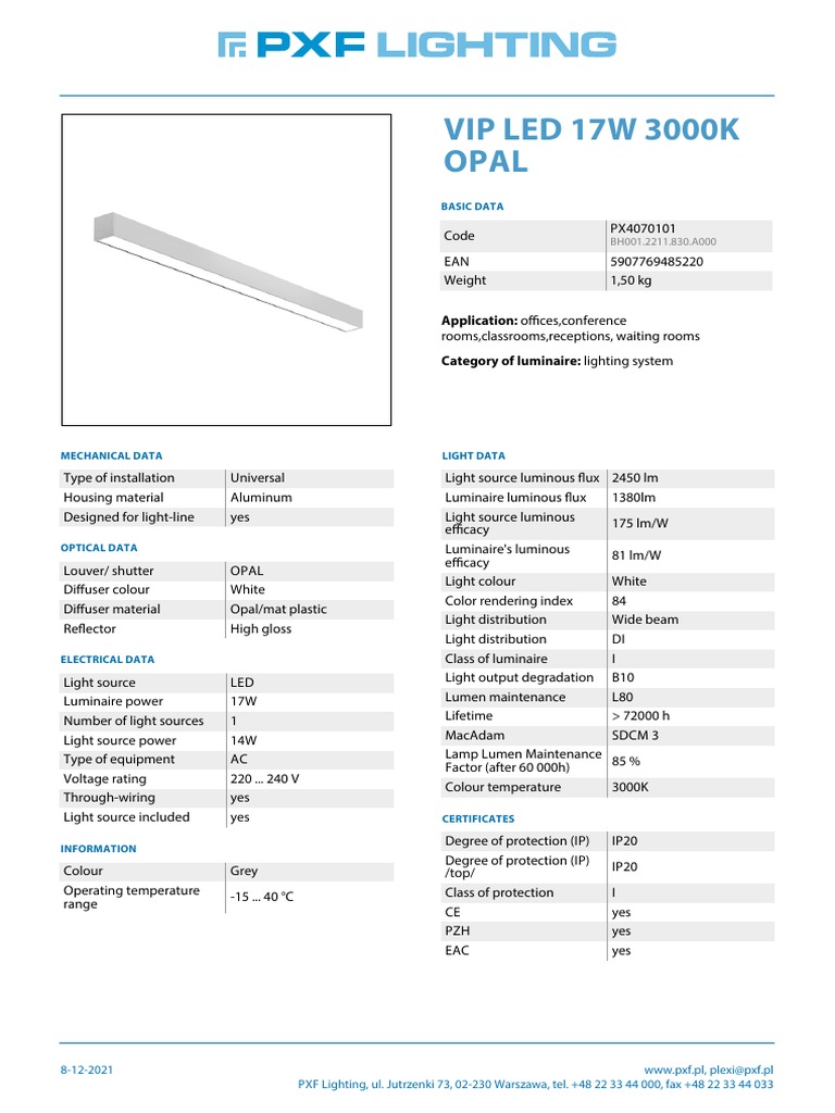 VIP LED Opal 17W Specifications | PDF | Lighting | Light Emitting Diode