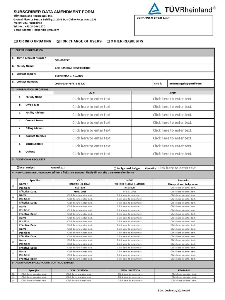 Amendment form for change of user pdf