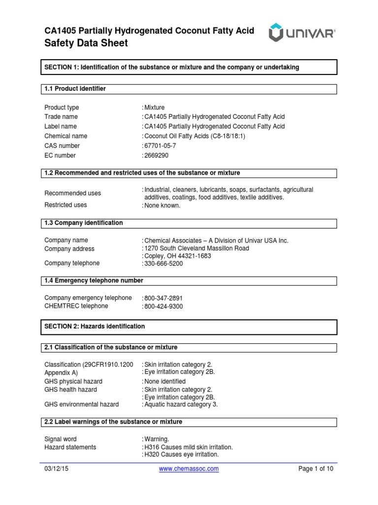 CA1405 Partially Hydrogenated Coconut Fatty Acid SDS PDF Hazardous