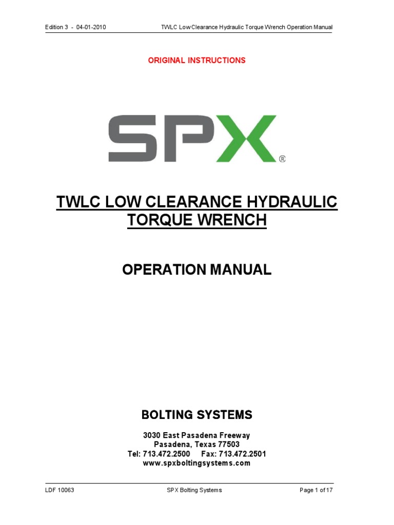 TWLC Low Clearance Hydraulic Torque Wrench Operation Manual PDF