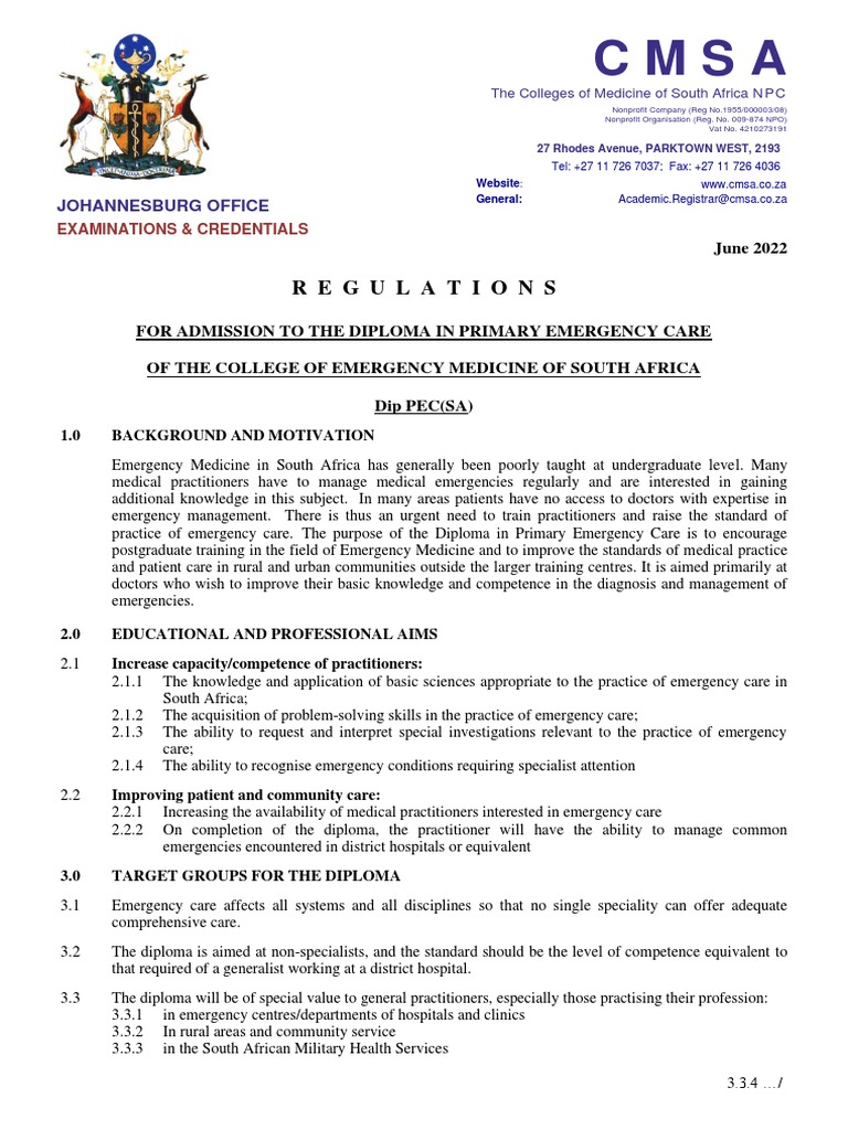 Diploma in Primary Emergency Care Regulations | PDF