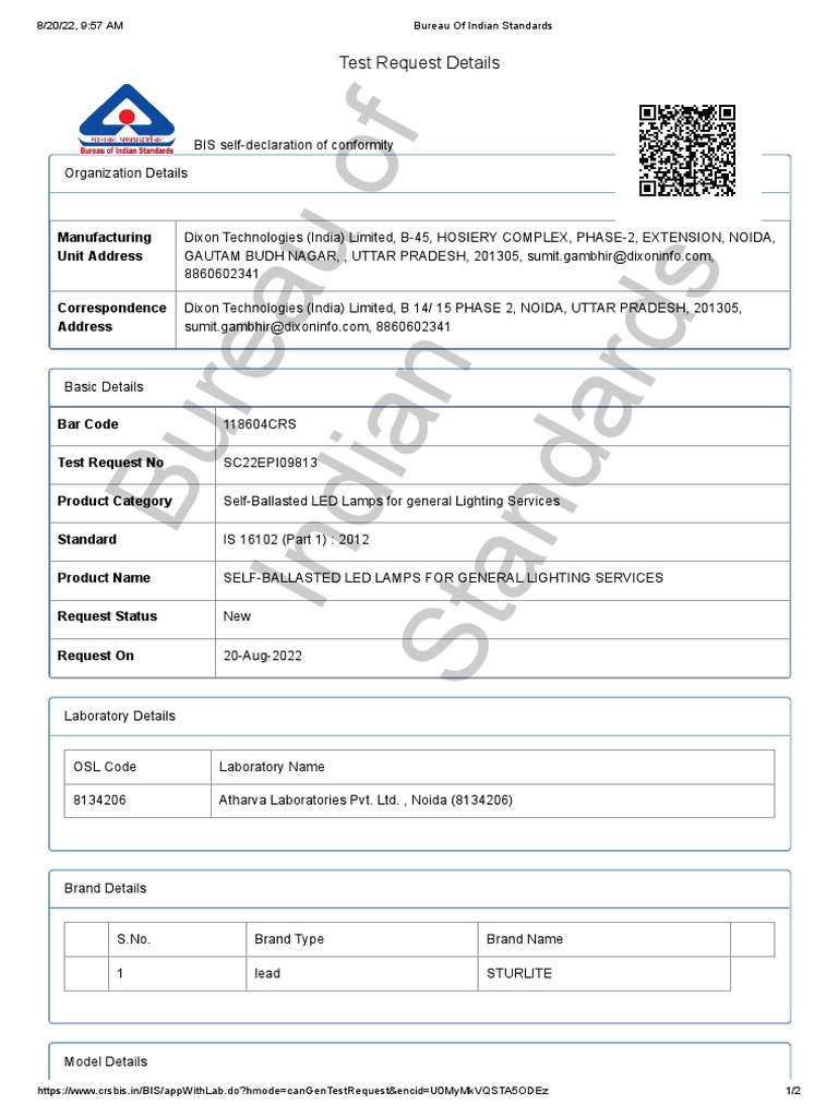 3W Test Request B22 B-45 Factory 1178pcb Sturlite | PDF