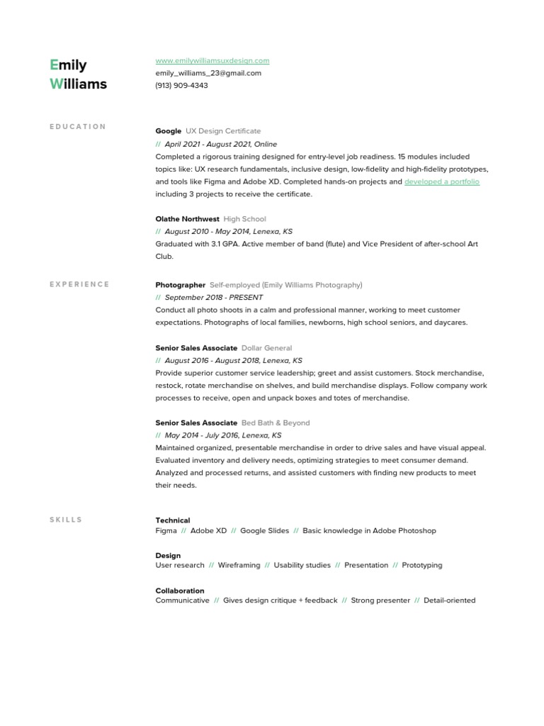 Google UX Design Certificate Emily Williams Resume (Example) PDF