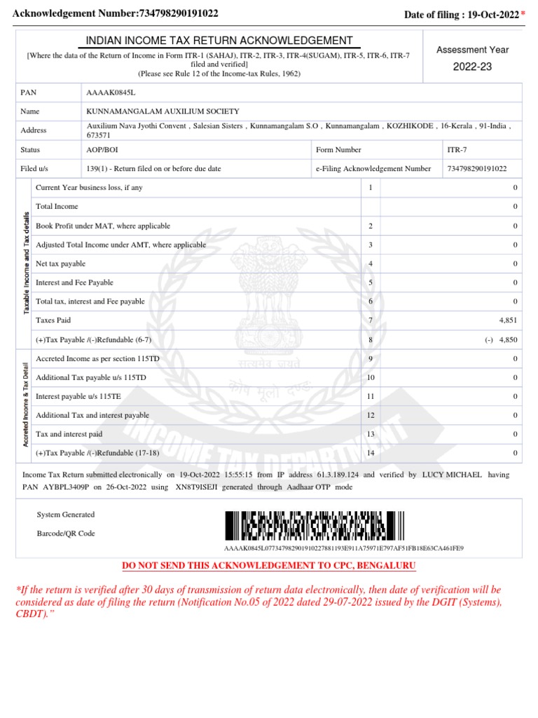 Indian Tax Return Acknowledgement 202223 Assessment Year PDF