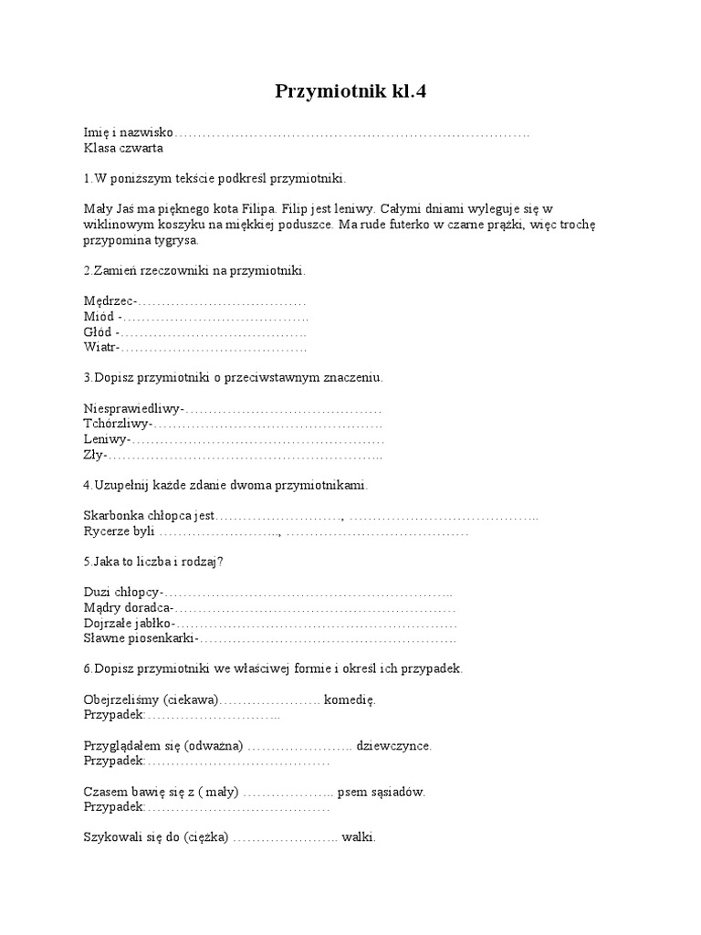 Sprawdzian Z Rzeczownika I Przymiotnika Klasa 4 Nowa Era Przymiotnik kl.4 | PDF