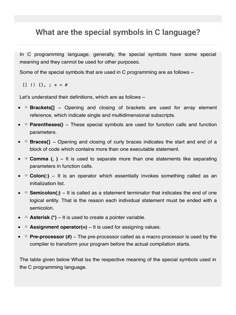 What Are The Special Symbols in C Language? | PDF
