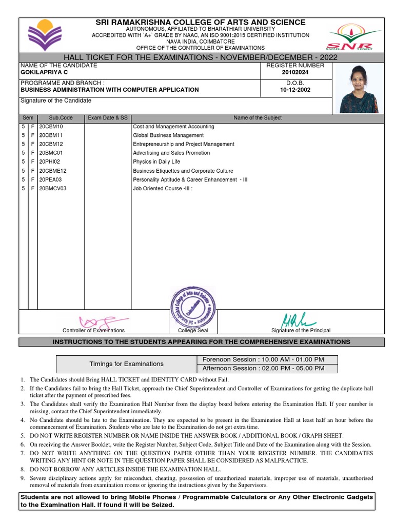 Hall ticket for the examinations november december 2022 sri