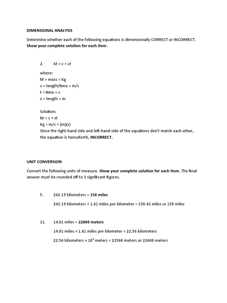 Dimensional Analysis Show Your Complete Solution For Each Item | PDF