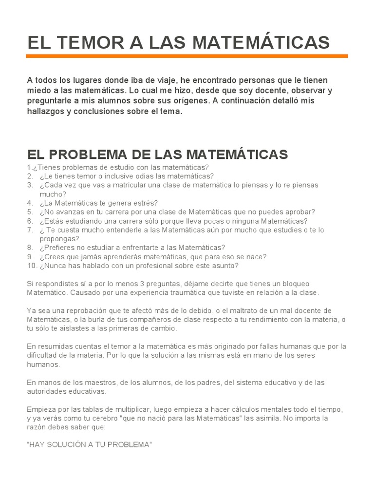 El Temor A Las Matemáticas | PDF