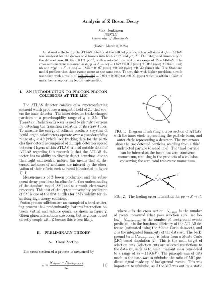 ATLAS Analysis of Z Boson Decay Lab Report PDF Atlas Experiment