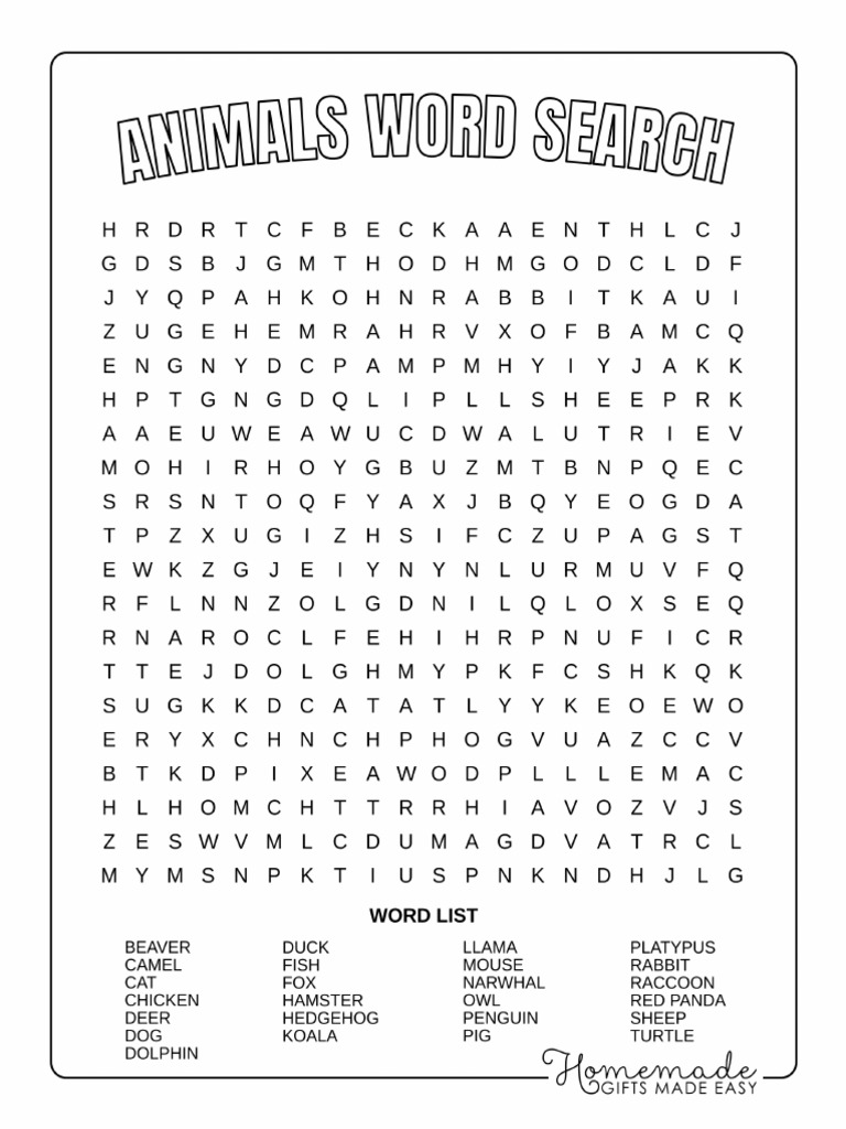 Word Search Printable Animals PDF