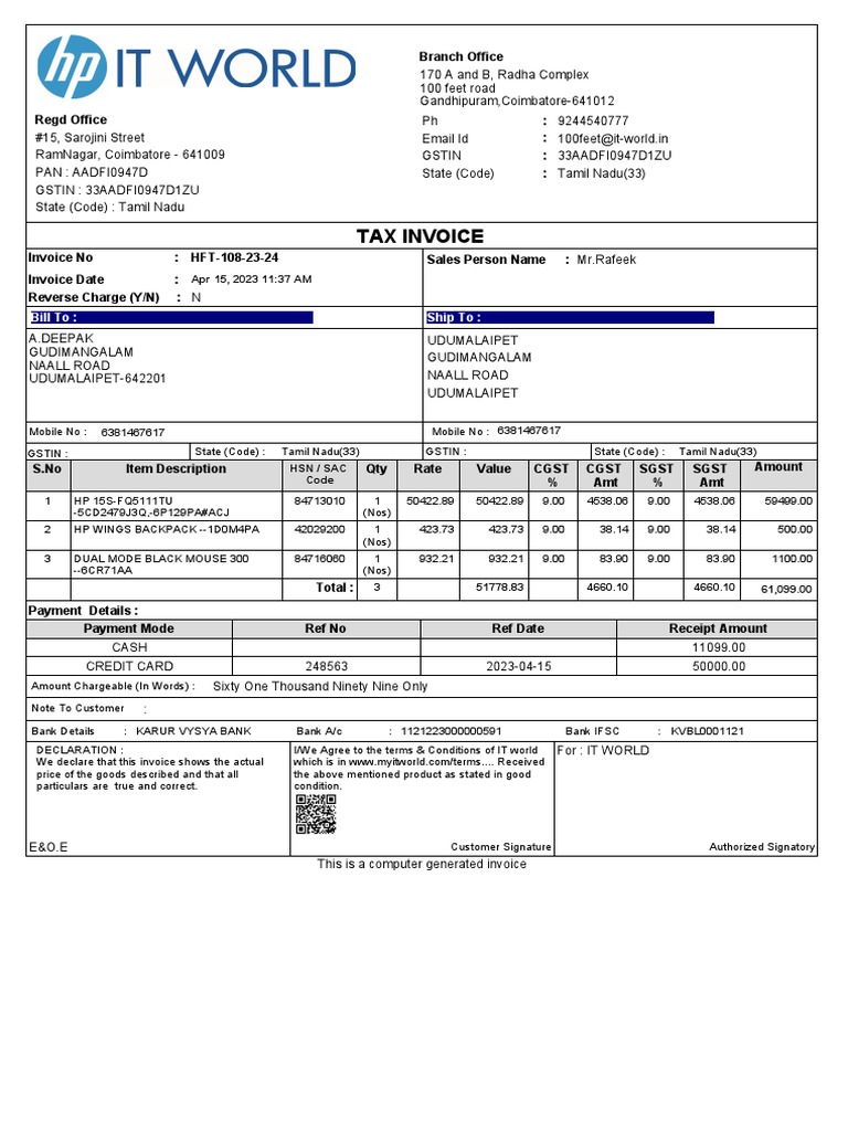 IT World Tax Invoice - April 2023 | PDF