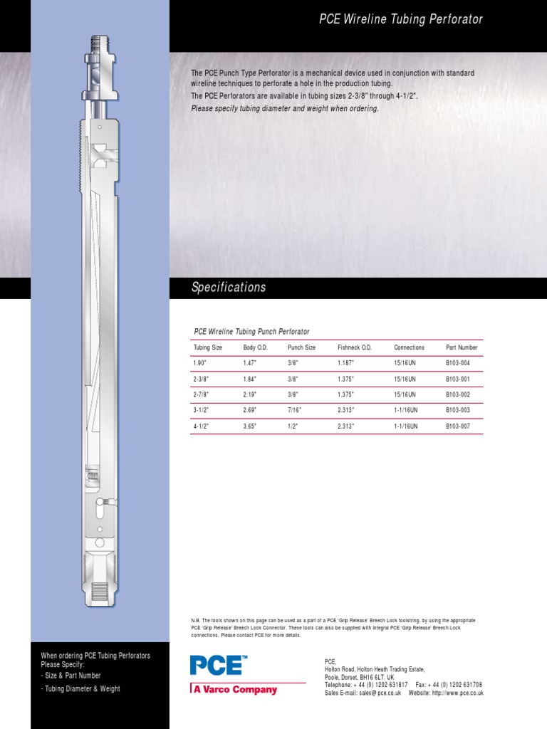 PCE Wireline Tubing Perforator Specs | PDF | Pipe (Fluid Conveyance ...