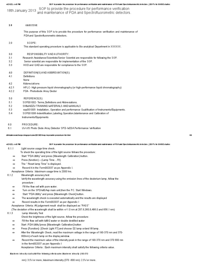 SOP to provide the procedure for performance verification and