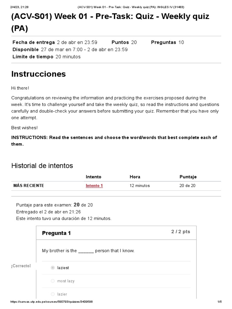 (ACV-S01) Week 01 - Pre-Task_ Quiz - Weekly quiz (PA)_ INGLES IV (31483 ...