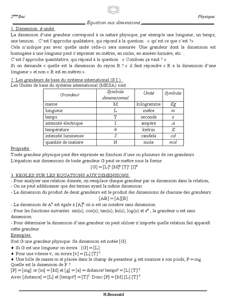 Équations aux dimensions en physique | PDF