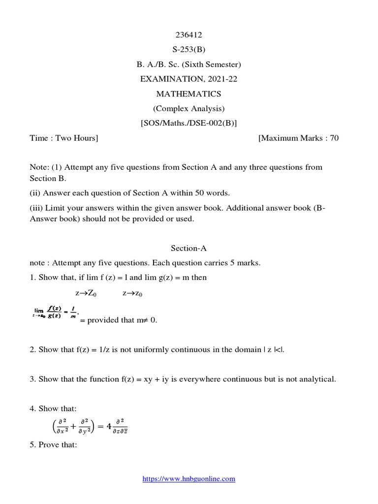 Ba Bsc 6 Sem Mathematics Complex Analysis S 253 B 2022 Pdf Complex