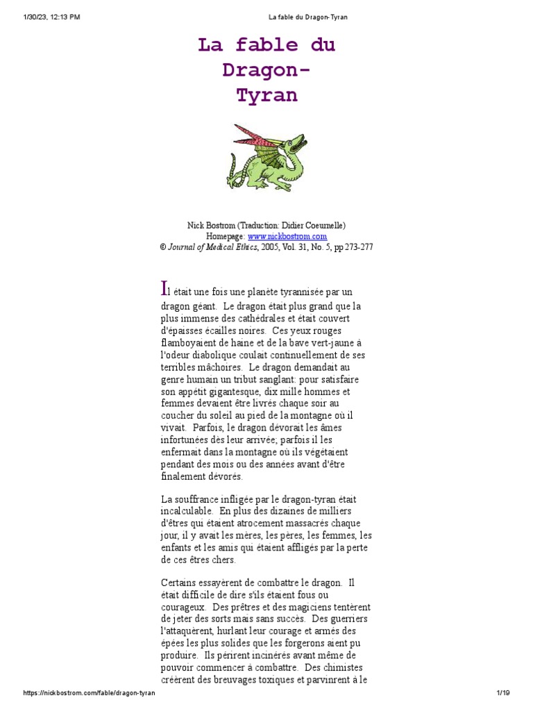 La Fable Du Dragon-Tyran: © Journal of Medical Ethics, 2005, Vol. 31 ...