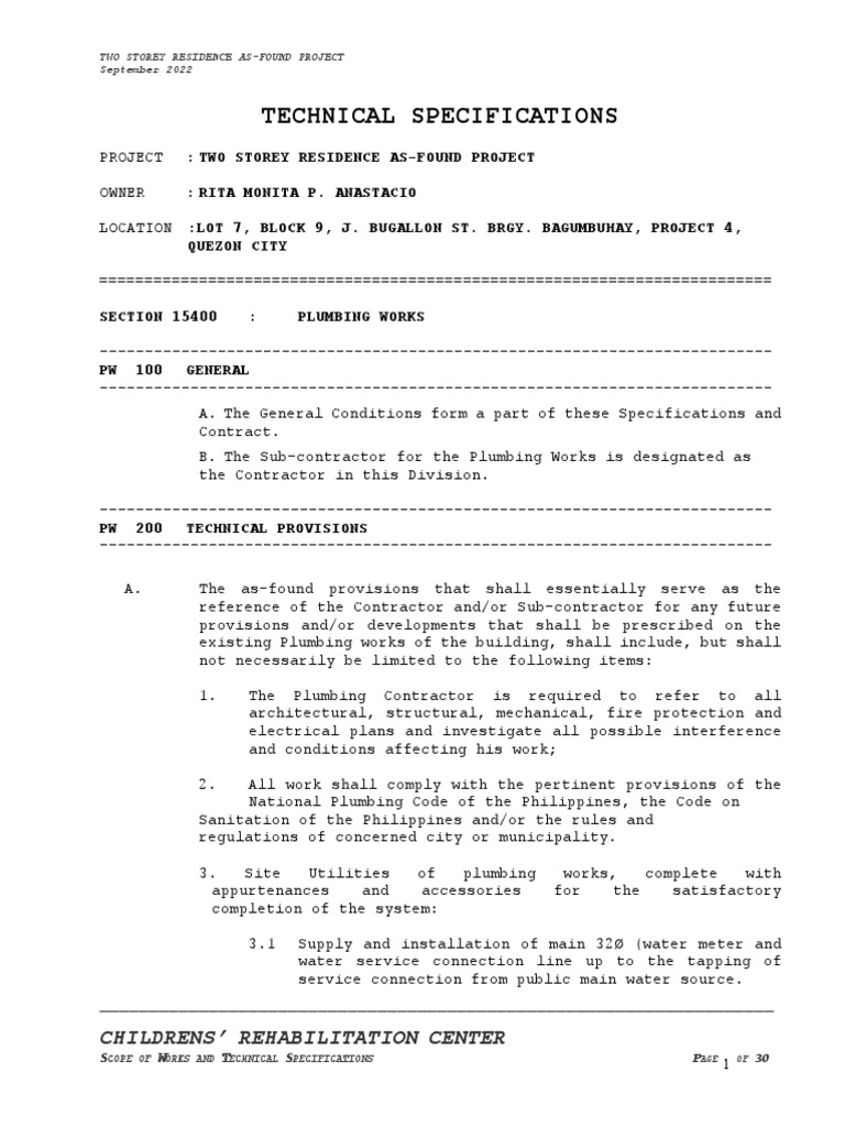 Plumbing Specifications for Residence Project | PDF | Plumbing | Pipe ...