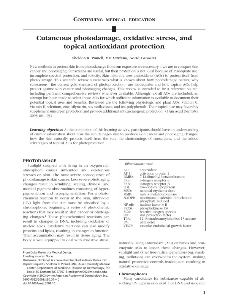 Cutaneous Photodamage, Oxidative Stress, and Topical Antioxidant