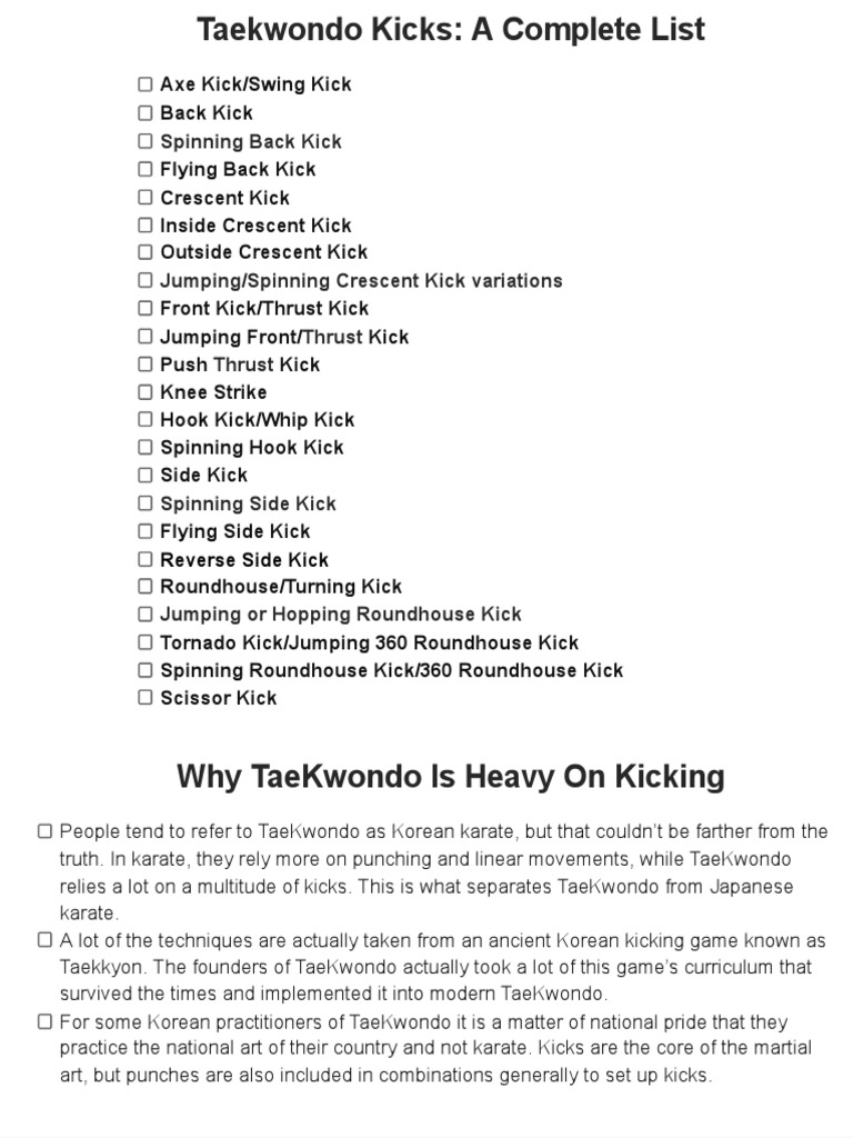 Taekwondo Kicks Punches and Strikes Google Docs PDF