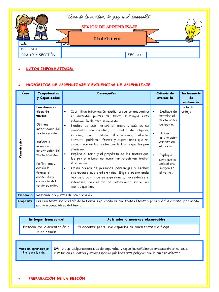 Sesion Plan Lector Dia de La Tierra | PDF | Evaluación | Aprendizaje