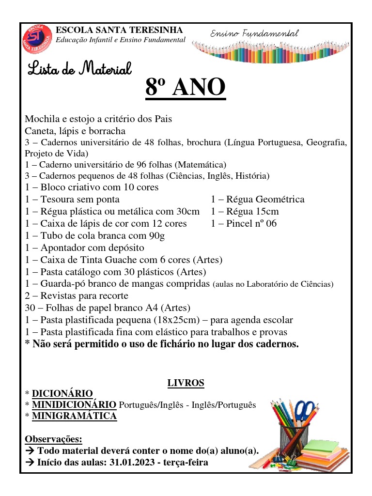 LISTA DE MATERIAL 8o Ano | PDF