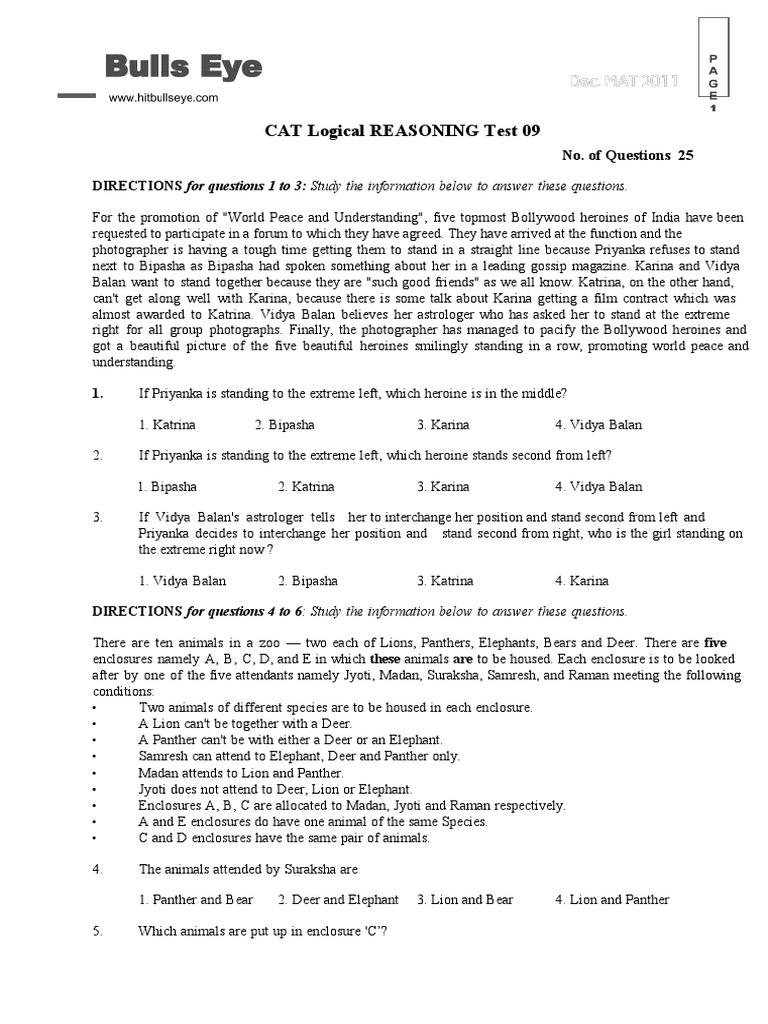 CAT Logical REASONING Test 09: DIRECTIONS For Questions 1 To 3: Study ...