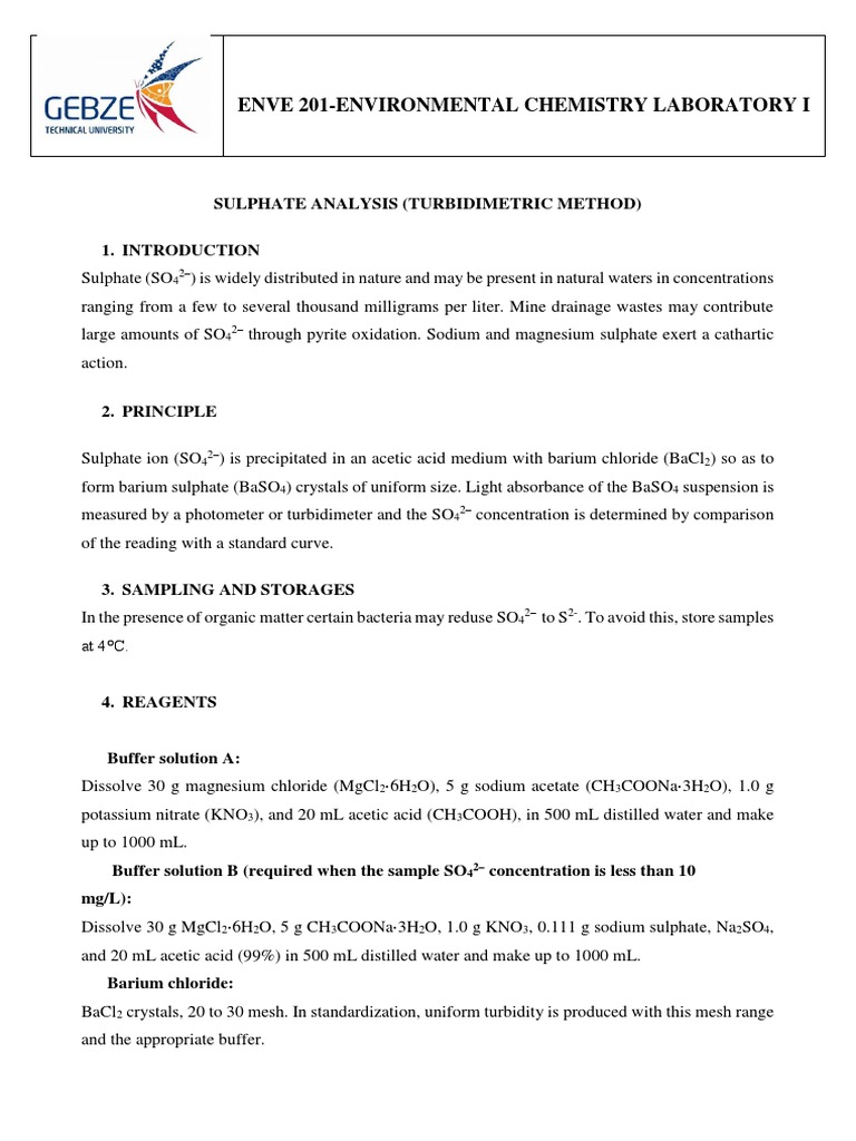 Enve 201Environmental Chemistry Laboratory I Sulphate Analysis