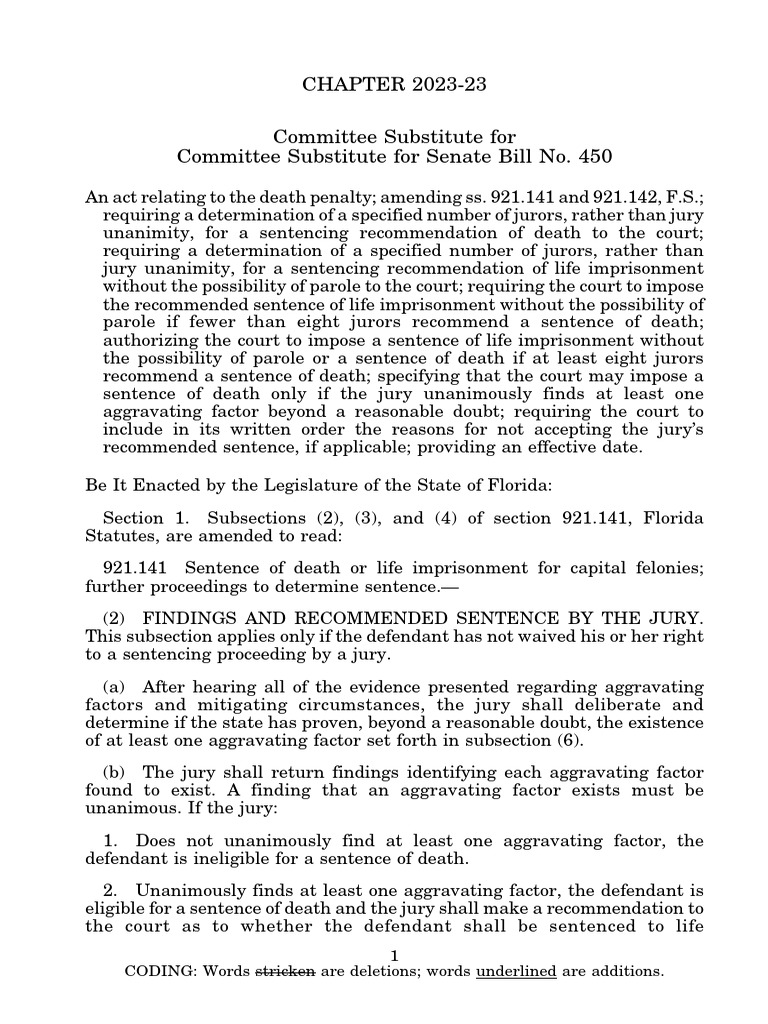 Florida Senate Bill 450 PDF Life Imprisonment Mitigating Factor