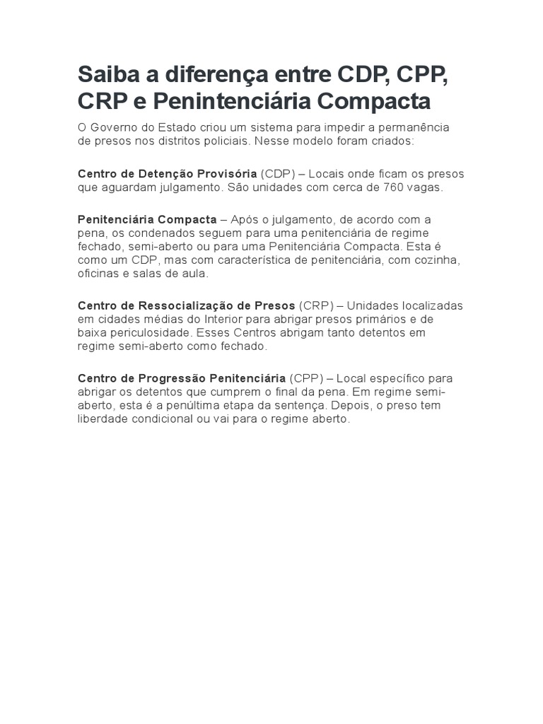 Diferenças entre CDP, CPP e Penitenciária | PDF
