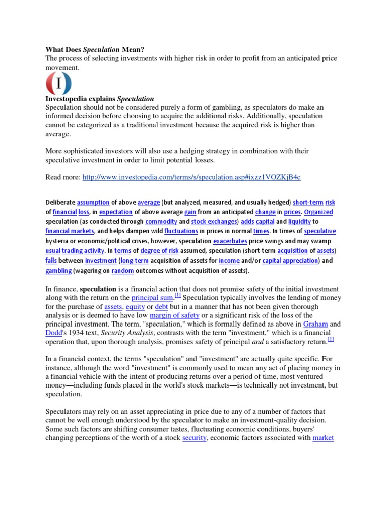 What Does Speculation Mean? Principal Sum Assets Equity Debt Margin of