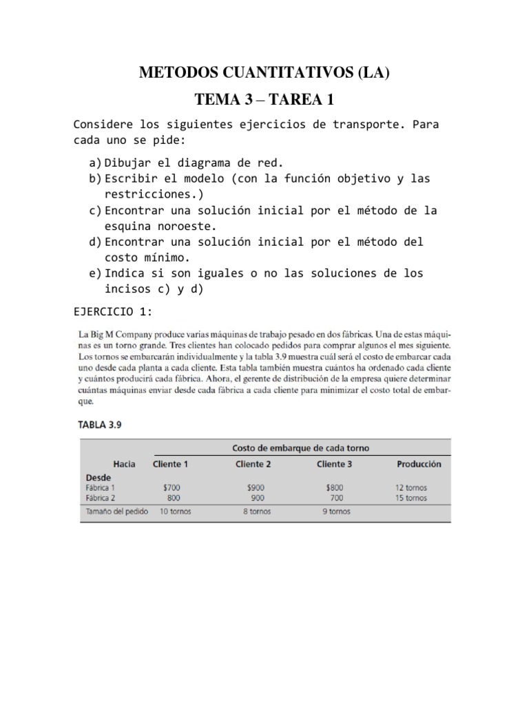 Ejercicios de Transporte en Métodos Cuantitativos | PDF | Ciencia y ...