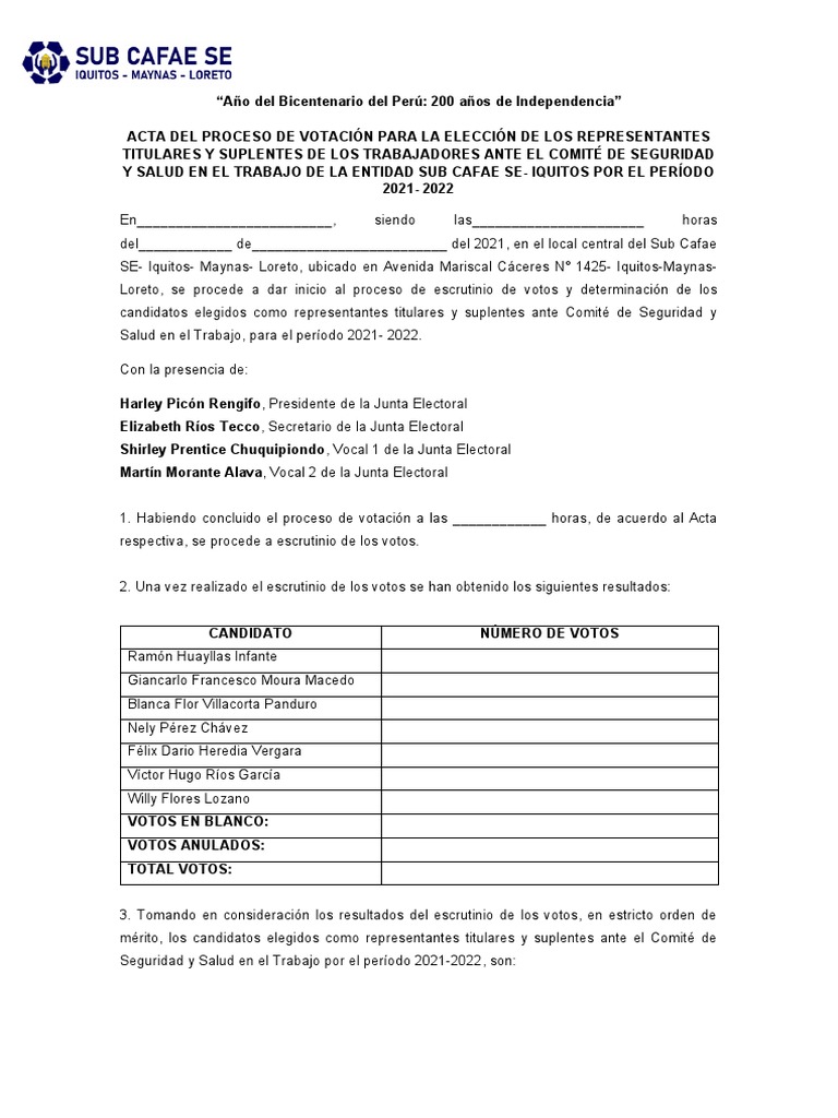 Acta Del Proceso de Votación para La Elección Del Comité de SST | PDF ...