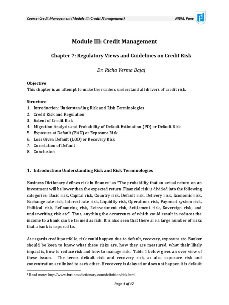 Module III: Credit Management: Chapter 7: Regulatory Views and ...