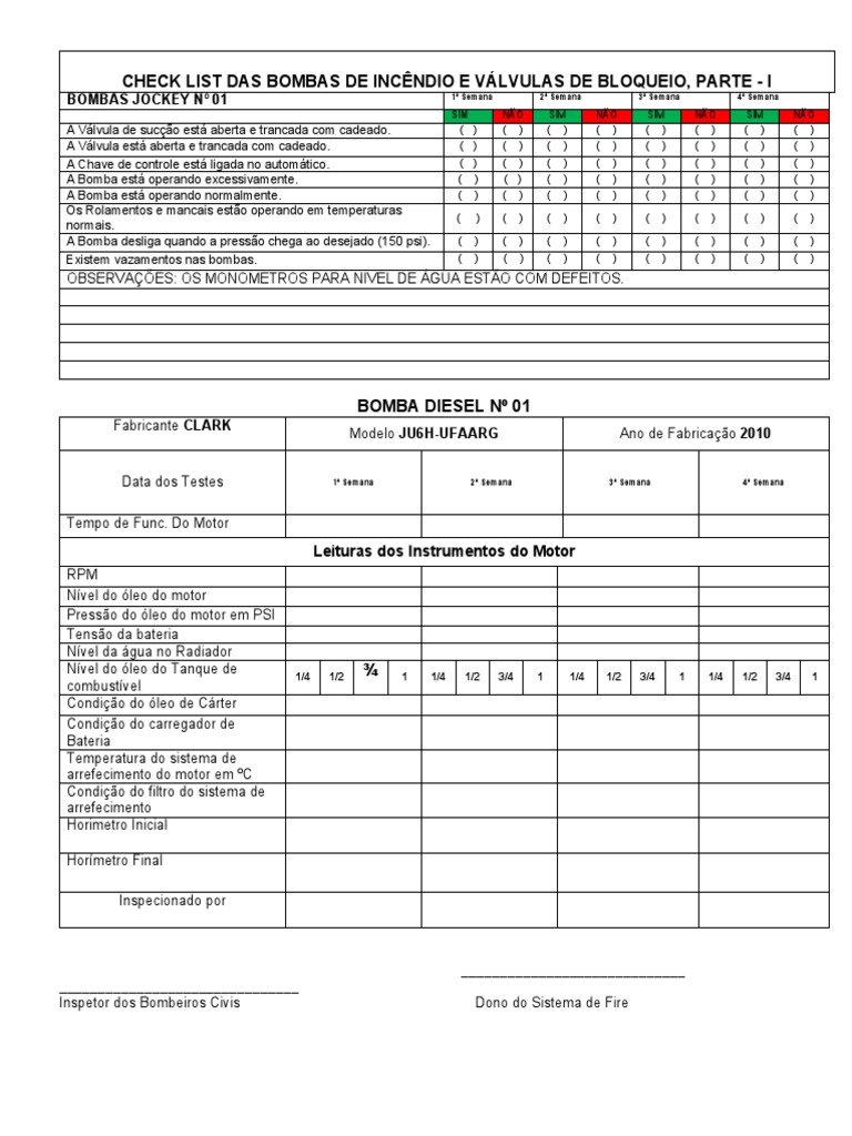 Check List Casa de Bomba 1 Semestre Mes 09 | PDF