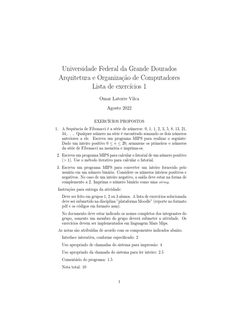 Programação em Assembly MIPS Lista de Exercícios sobre Sequência de