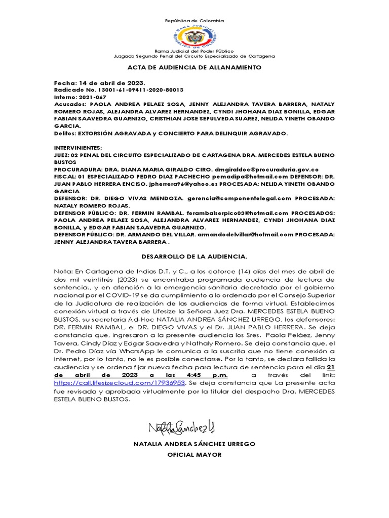Acta de Audiencia Fallida Lectura de Sentencia - Paola Pelaez y Otros | PDF