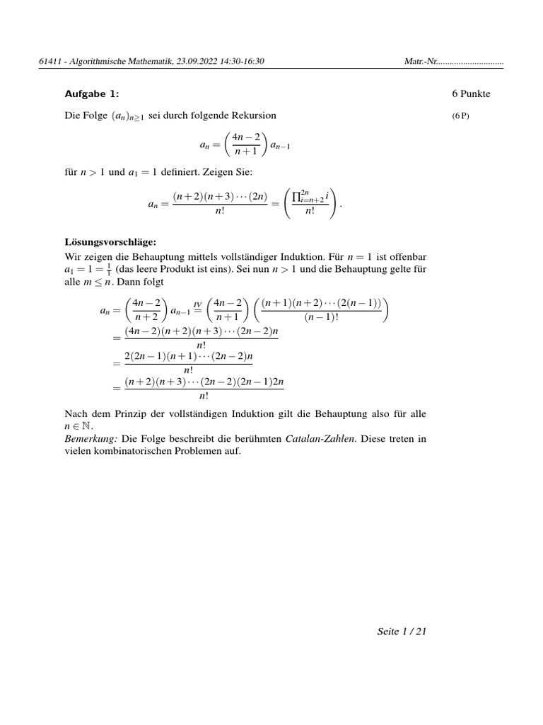 Aufgabe 1:: 61411 - Algorithmische Mathematik, 23.09.2022 14:30-16:30 ...