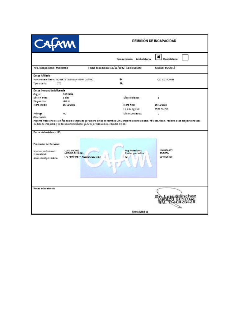 Remisión de Incapacidad Cafam | PDF