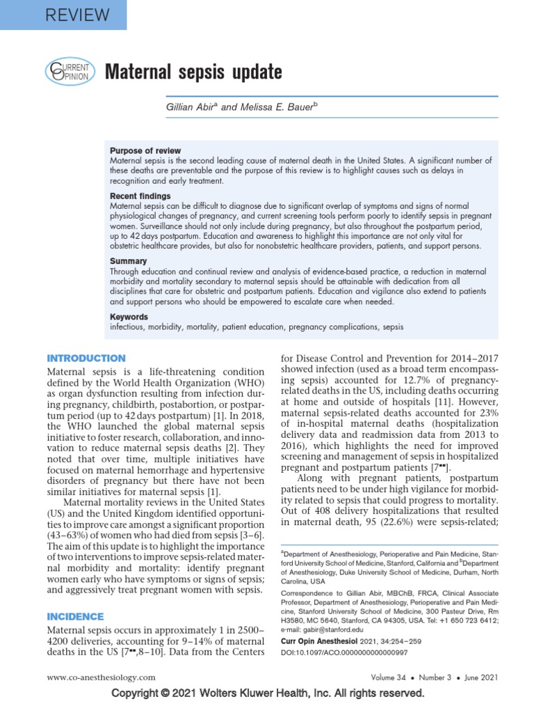 Maternal Sepsis Update - Curr Opin Anesthesiol - 2021 | PDF | Maternal ...