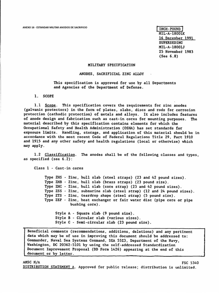 Military Specification for Zinc Anodes | PDF | Pipe (Fluid Conveyance ...