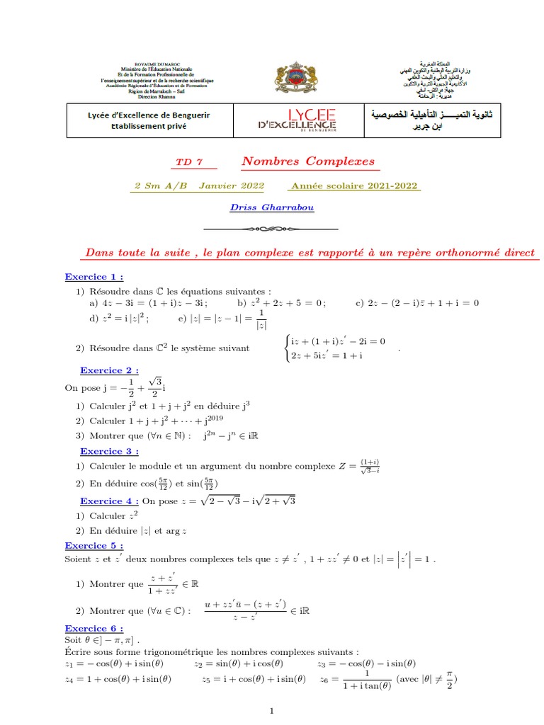 TD Nombres Complexes et Exercices | PDF | Nombre complexe ...