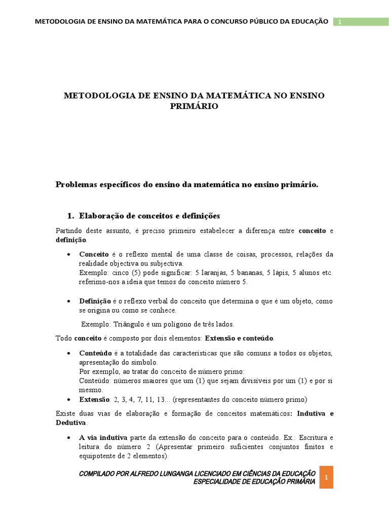 Metodologia de Ensino de Matemática Primária | PDF | Números | Algoritmos