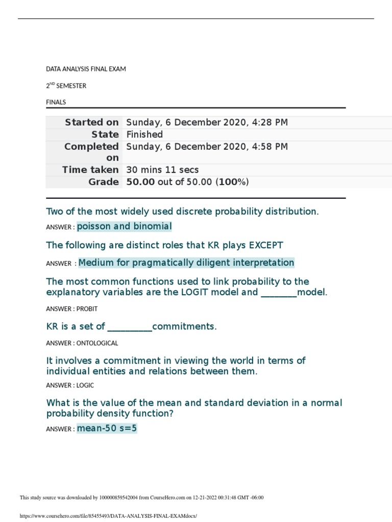 Data Analysis Final Exam Answers | PDF | Logistic Regression ...